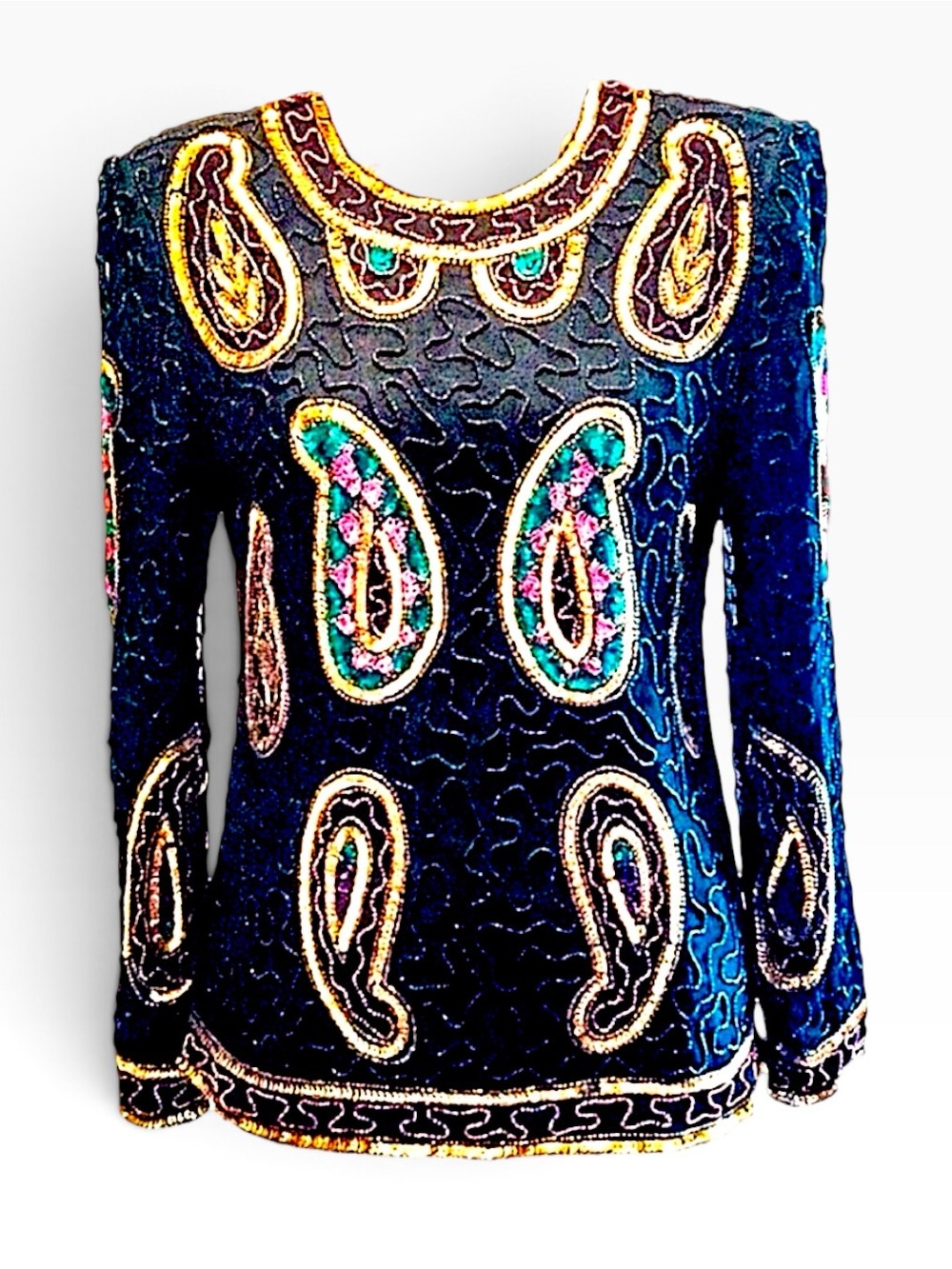 LAURENCE KAZAR Vintage long sleeve Black Gold Multicolor Paisley Beaded Top SZ M